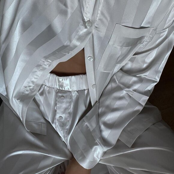 Lounge Striped Satin Pajama Set in "Pearl" - Picture 4 of 16